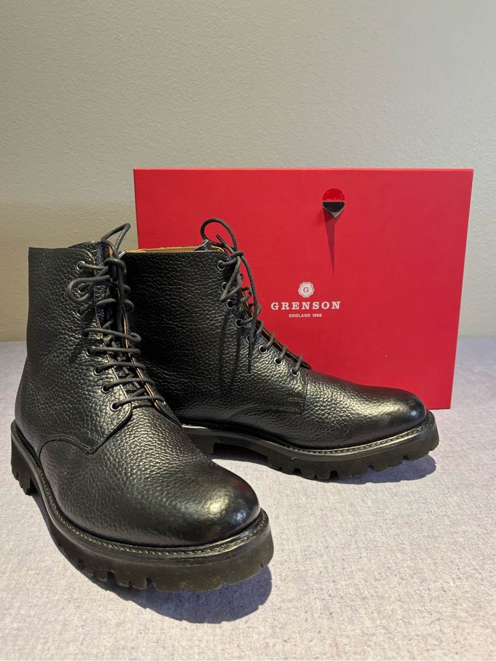 Grenson Black Pebbled Leather Lace-Up Boots